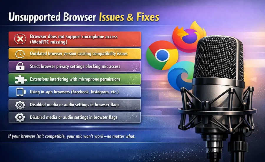 Unsupported browser issues and fixes for microphone testing